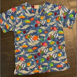 Vintage Scrub Top - Fish, Dolphins - Sz XS